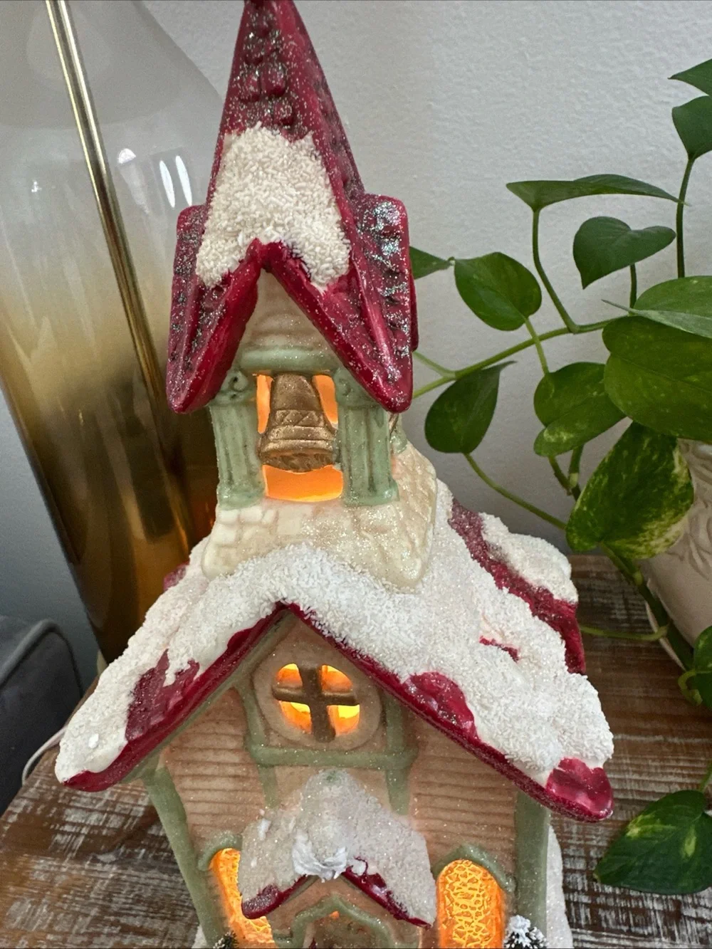 Vintage Ceramic Lighted Christmas Church Building Red Roof with Snow Trees
